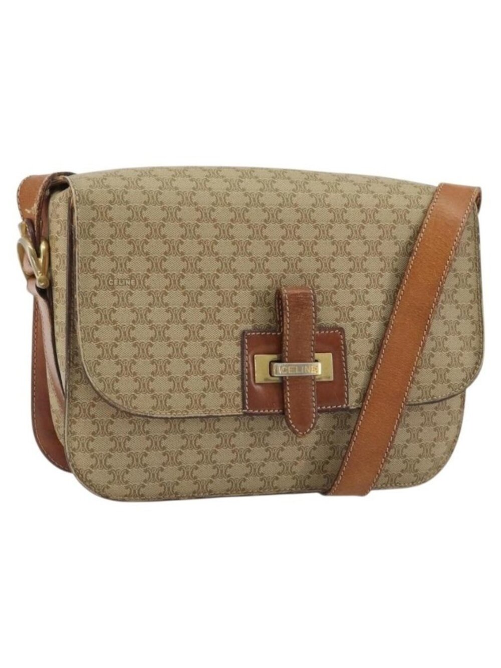 Authentic CELINE Macadam Canvas Shoulder Bag PVC Beige Gold